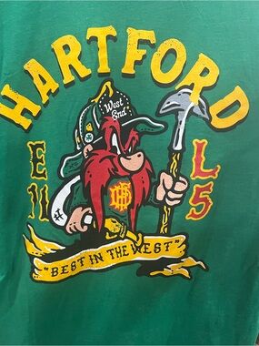 Hartford Fire DepartmentGreen Graphic Short Sleeve Tee with Yellow and Red Print